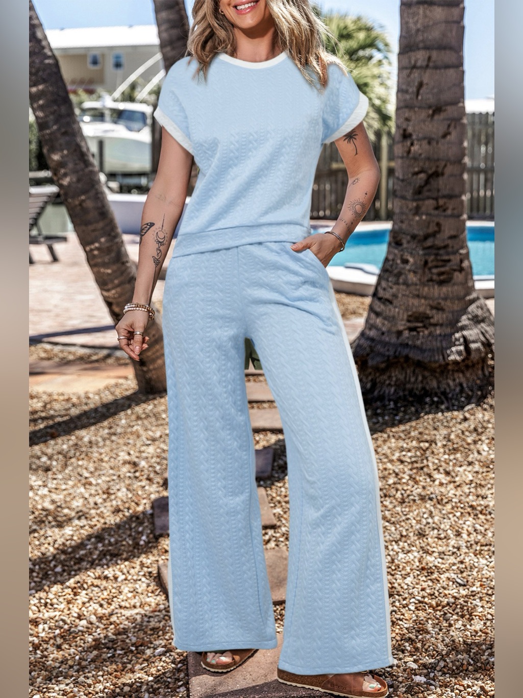 Textured Contrast Edge Top And High Waist Pants Set